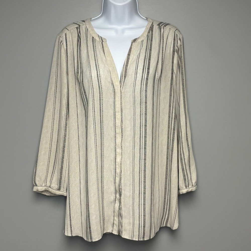 NYDJ Cream and Black Striped Long Sleeve Blouse